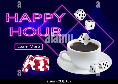 Online-Casino. Banner für die Website mit einer Tasse Kaffee, Würfel und einer Happy Hour-Aktion. Glücksspielkonzept. Vektorbild. Stock Vektor