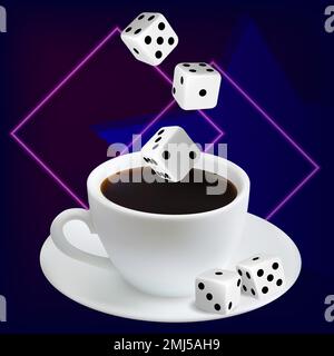 Online-Casino. Banner für den Standort mit einer Tasse Kaffee, Würfel. Glücksspielkonzept. Vektorbild. Stock Vektor