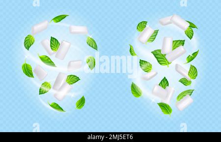 Wirbel von Kaugummi und Minzblättern, die im Wind fliegen. Konzept von frischem Atem, Menthol-Geschmack, Zahngesundheit. Süße Bubblegums fliegen mit grünen Blättern, Vektor realistische Illustration Stock Vektor