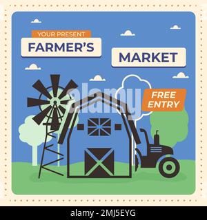 Farmers Market Flyer Poster Template mit Scheunentraktor und Windmühle für Ihre Farmers Event. Darstellung Des Rohvektors Stock Vektor