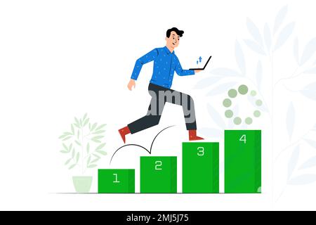 Geschäftsmann geht nach oben. Geschäftsmann mit Fall steigt die Treppe hoch. Karrierekonzept im flachen Design. Cartoon-Mann, der die Treppe hochklettert Stock Vektor
