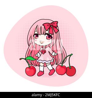 Süßes Kawaii-Anime-Mädchen. Chibi mit Kirschen. Stock Vektor
