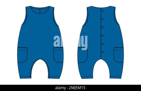 Ärmelloser Babytramper insgesamt technische Mode flache Skizze Zeichnen Vektorvorlage Vorder- und Rückansicht. Bekleidung Mock Mock Up Stock Vektor