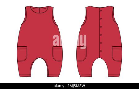 Ärmelloser Babytramper insgesamt technische Mode flache Skizze Zeichnen Vektorvorlage Vorder- und Rückansicht. Bekleidung Mock Mock Up Stock Vektor