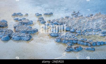 Formationen im Thermalbecken bei Solitary Geyser im Yellowstone National Park. Stockfoto