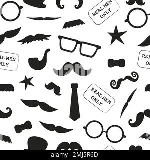 Vektornahtloses Muster von Fotokabinen-Requisiten. Wiederkehrender Hintergrund von Schnurrbart, Brille, Pfeife, Hut, Schleife, Krawatte für Urlaub oder Party. Schnurrbart Saison B. Stock Vektor