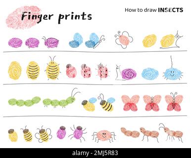 Fingerabdrücke Kunst. Aufgabe für Kinder, verschiedene Insekten herzustellen. Stock Vektor