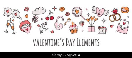 Vektor Valentinstag-Vorlage für Banner mit Symbolen im Doodle-Stil Stock Vektor