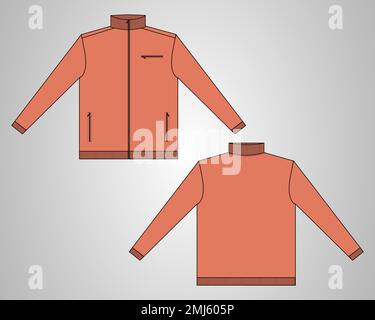 Langer Ausschnitt mit Ärmeln Design Gesamtdesign technische Skizze Vektorvorlage in Windjacke Vorder- und Rückansicht. Bomberjacke für Herren. Jacke Flach Stock Vektor