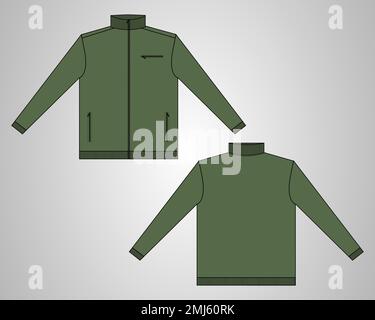 Langer Ausschnitt mit Ärmeln Design Gesamtdesign technische Skizze Vektorvorlage in Windjacke Vorder- und Rückansicht. Bomberjacke für Herren. Jacke Flach Stock Vektor
