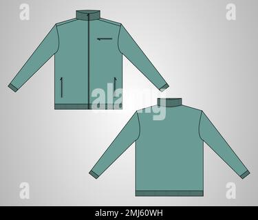 Langer Ausschnitt mit Ärmeln Design Gesamtdesign technische Skizze Vektorvorlage in Windjacke Vorder- und Rückansicht. Bomberjacke für Herren. Jacke Flach Stock Vektor