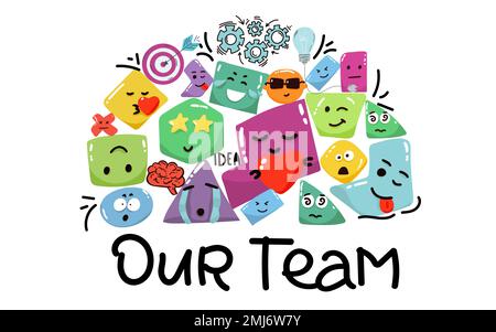 Geschäftskonzept. Team-Metapher. Geometrische Charakterformen mit Gesichtsgefühlen, verschiedene Zeichentrickfiguren. Niedliche bunte Formen – Symbol für Teamwork Stock Vektor