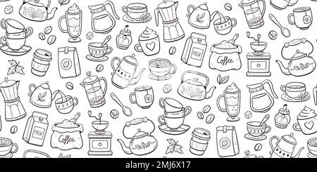 Nahtloses Muster aus Kaffee und Tee. Doodle Cliparts von Teekannen, Tassen, Kaffee, Kräutertees... Fliesenhintergrund, perfekt zum Dekorieren von Wänden und sur Stock Vektor