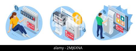 Isometrische Rechnung, Zahlung für Wärmeenergie und Strom. Konzept für Versorgungsrechnungen und Sparressourcen. Zahlung der Rechnungen des Versorgungsunternehmens. Wärmeenergie und Stock Vektor
