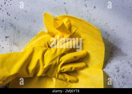 Reinigung der Wand von Flecken von giftigem Schimmel und Pilzbakterien. Konzept zur Beseitigung des Schimmelproblems im Innenbereich an der Wand Stockfoto