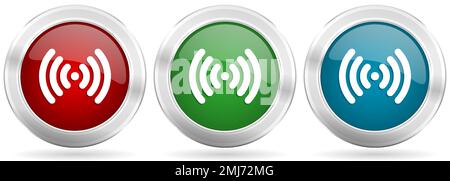WLAN-Vektor-Symbolgruppe. Rote, blaue und grüne silberfarbene metallische Netzknöpfe mit Chromrand Stock Vektor