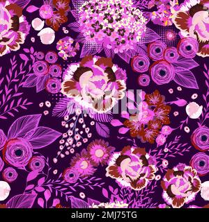 Trendiger, nahtloser Blumenhintergrund. Pinkfarbene Blumen, nahtloses Muster auf dunklem Hintergrund. Vektordarstellung Stock Vektor