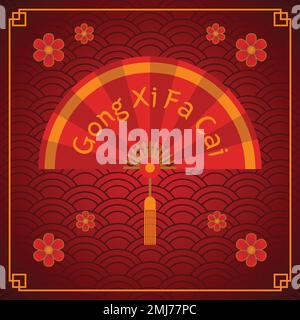 Traditioneller chinesischer Fan mit Text Gong Xi Fa Chai darauf. Chinesisches Neujahrsvektor-Illustration. Stock Vektor