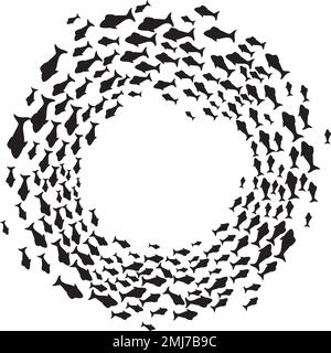 Schwimmende Fische Schwarzweiß. Vektordarstellung. Eine Schwärme von Fischen, die umkreisen. Stock Vektor