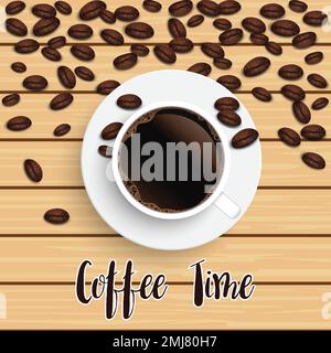 Realistische, schwarze Kaffeetasse mit Bohnen auf Holzhintergrund. illustrator-Vektor. Stock Vektor