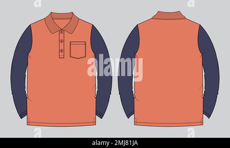 Langarm Poloshirt mit Tasche technische Mode flache Skizze Vektor Illustration Vorlage Vorder- und Rückansicht. Stock Vektor