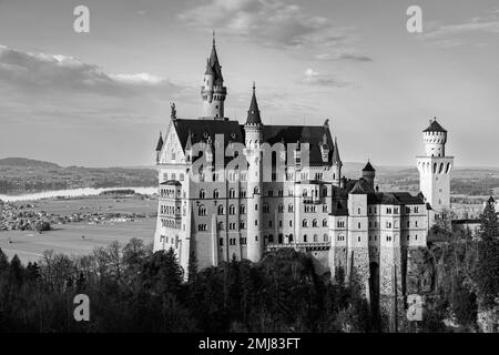 Schloss Neuschwanstein in Schwangau, Blick von der Marienbrücke an einem sonnigen Herbsttag. Schwarz ein weißes Bild. Stockfoto