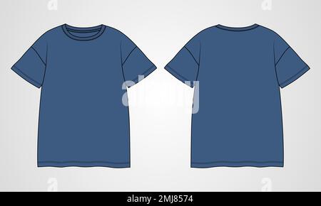 Kurzarm Basic T-Shirt insgesamt technische Mode flach Skizze Vektor Illustration Vorlage Vorder- und Rückansicht. Bekleidung Mode Nachbau für Herren Stock Vektor