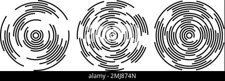 Konzentrische Kreissegmente festgelegt. Abgerundeter patten-Hintergrund. Sonar- oder Schallwellen-Ringsammlung. Epicentre, Ziel, Radarsymbol-Konzept. Radial Stock Vektor