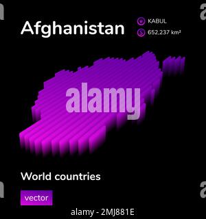 Afghanistan 3D-Karte. Die stilisierte isometrische Neonvektorkarte Afghanistans mit gestreiften Streifen ist violett und rosa auf schwarzem Hintergrund Stock Vektor