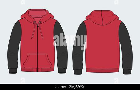 Langarm Hoodie mit Reißverschluss technische Mode Zeichnung Skizze Vorlage Vorder-und Rückansicht. Bekleidung Kleid Design Vektor Illustration Nachbildung Jacke Stock Vektor