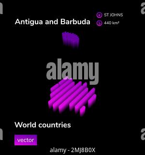 Antigua und Barbuda 3D Karte. Stilisierte Neon-Digitalvektorkarte mit isometrischen Streifen wird in violetten Farben auf schwarzem Hintergrund dargestellt. Informationsbanner Stock Vektor