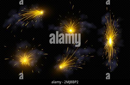 Flammeneffekt bei Brandfunken und Rauch von Metallschweißen, Funken oder elektrischen Blitzen. Lichtblitze industrieller Werke mit isoliertem Eisen auf transparentem Hintergrund, vektorrealistische Darstellung Stock Vektor