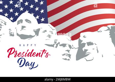 Happy Presidents Day mit Mount Rushmore und Flaggen USA. Hintergrunddesign für den President's Day. Vektordarstellung Stock Vektor