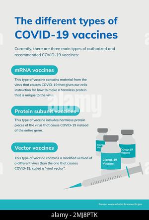 Coronavirus verschiedene Impfstoffe Poster-Vorlage, Vektor COVID 19 druckbare Anleitung Stock Vektor
