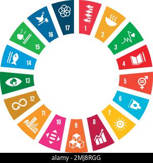 Symbole für nachhaltige Entwicklungsziele in einem Kreis mit farbigen Keilen, internationalem Programm, Vektordarstellung Stock Vektor