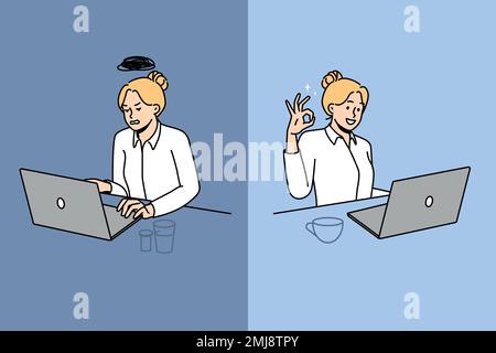 Geschäftsfrau, die Arbeit auf einem Laptop bereitete, war von der Arbeit überfordert, im Gegensatz zu der Begeisterung für die erledigte Aufgabe. Weibliche Mitarbeiterin, unterschiedliche Stimmungen im Amt. Vektordarstellung. Stock Vektor