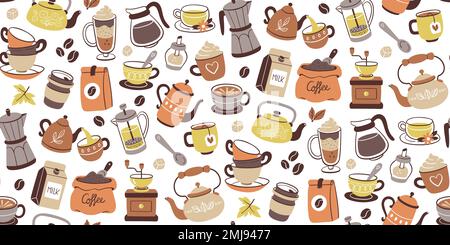 Nahtloses Muster aus Kaffee und Tee. Bunte Cliparts mit Teekannen, Tassen, Kaffee, Kräutertees... Fliesenhintergrund, perfekt zum Dekorieren von Wänden und en Stock Vektor