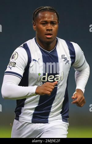 West Bromwich, Großbritannien. 27. Januar 2023. Reyes Cleary #28 von West Bromwich Albion während des Premier League 2 U23-Spiels West Bromwich Albion U23 vs Aston Villa U23 at the Hawthorns, West Bromwich, Großbritannien, 27. Januar 2023 (Foto von Gareth Evans/News Images) Kredit: News Images LTD/Alamy Live News Stockfoto
