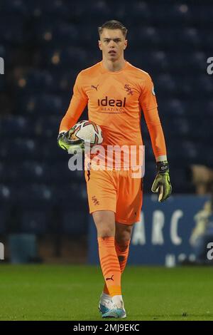 West Bromwich, Großbritannien. 27. Januar 2023. Josh Griffiths #38 of West Bromwich Albion während des Premier League 2 U23-Spiels West Bromwich Albion U23 vs Aston Villa U23 at the Hawthorns, West Bromwich, Großbritannien, 27. Januar 2023 (Foto von Gareth Evans/News Images) Kredit: News Images LTD/Alamy Live News Stockfoto