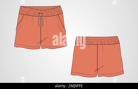 Jungen Sweat Shorts Vektor Mode flache Skizze Vorlage. Junge Männer Technische Zeichnung Modekunst Illustration. Stock Vektor