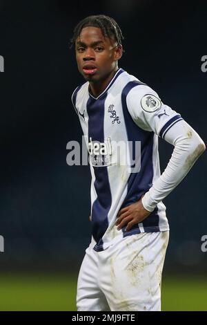West Bromwich, Großbritannien. 27. Januar 2023. Akeel Higgins von West Bromwich Albion in Aktion während des Spiels der Premier League 2 U23 West Bromwich Albion U23 vs Aston Villa U23 at the Hawthorns, West Bromwich, Großbritannien, 27. Januar 2023 (Foto von Gareth Evans/News Images) Kredit: News Images LTD/Alamy Live News Stockfoto