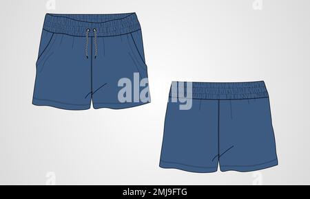 Jungen Sweat Shorts Vektor Mode flache Skizze Vorlage. Junge Männer Technische Zeichnung Modekunst Illustration. Stock Vektor