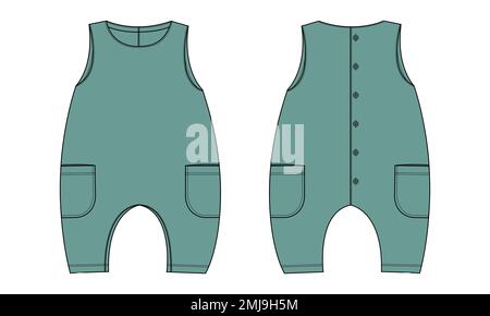 Ärmelloser Babytramper insgesamt technische Mode flache Skizze Zeichnen Vektorvorlage Vorder- und Rückansicht. Bekleidung Mock Mock Up Stock Vektor