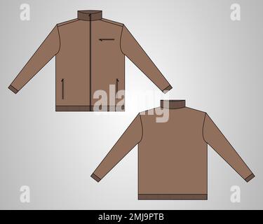 Langer Ausschnitt mit Ärmeln Design Gesamtdesign technische Skizze Vektorvorlage in Windjacke Vorder- und Rückansicht. Bomberjacke für Herren. Jacke Flach Stock Vektor