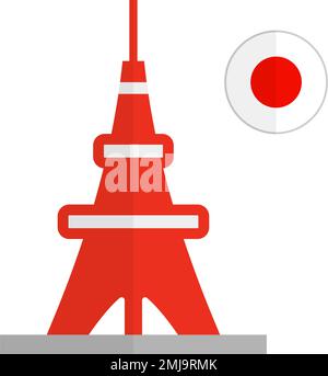 Tokio Tower und japanisches Flaggensymbol. Bearbeitbarer Vektor. Stock Vektor