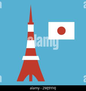 Tokio Tower und japanisches Flaggensymbol isoliert auf blauem Hintergrund. Bearbeitbarer Vektor. Stock Vektor