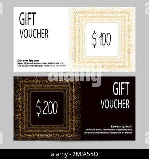 Vektorvorlage für Geschenkgutscheine in Gold, Schwarz und Weiß. Designkonzept für Geschenkgutschein, Gutschein, Flyer, Einladung, Banner. Stock Vektor