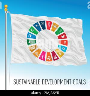 Flagge des internationalen Programms „Nachhaltige Entwicklungsziele“ mit Symbolen in einem Kreis mit farbigen Keilen, Vektordarstellung Stock Vektor