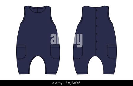 Ärmelloser Babytramper insgesamt technische Mode flache Skizze Zeichnen Vektorvorlage Vorder- und Rückansicht. Bekleidung Mock Mock Up Stock Vektor