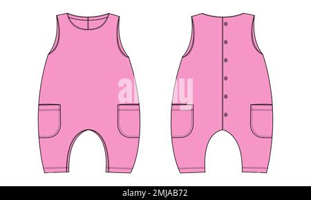 Ärmelloser Babytramper insgesamt technische Mode flache Skizze Zeichnen Vektorvorlage Vorder- und Rückansicht. Bekleidung Mock Mock Up Stock Vektor